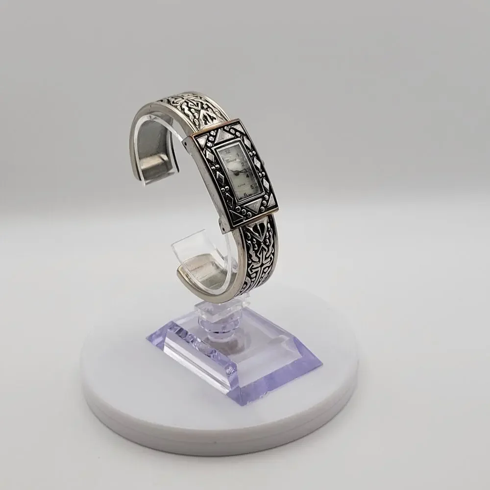 Geneva Platinum Cuff Watch Mother of Pearl Dial Silver Western Engraved New BAT